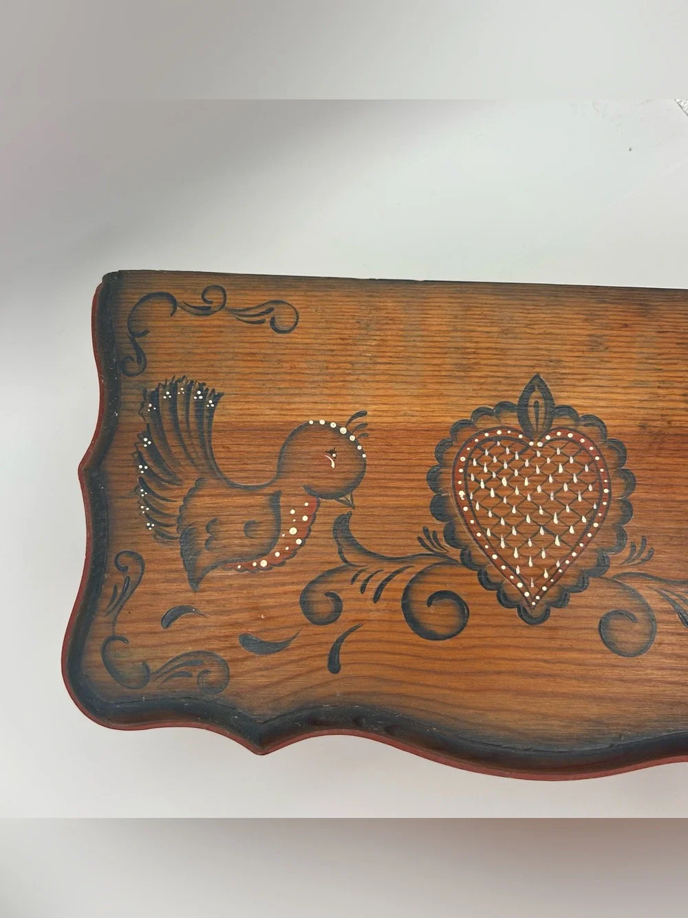 Vtg Tole Painted Wooden Trunk Box Folk Art Floral Heart Cottagecore Primitive